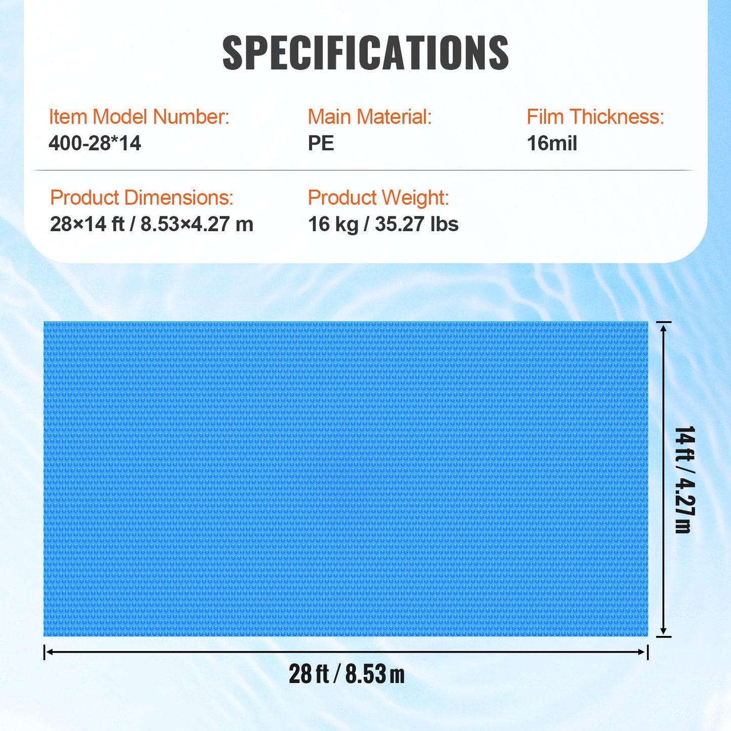 Solar Pool Cover 8.53 x 4.27m for Inground & Above Ground Pools, 16kg, 16 Mil