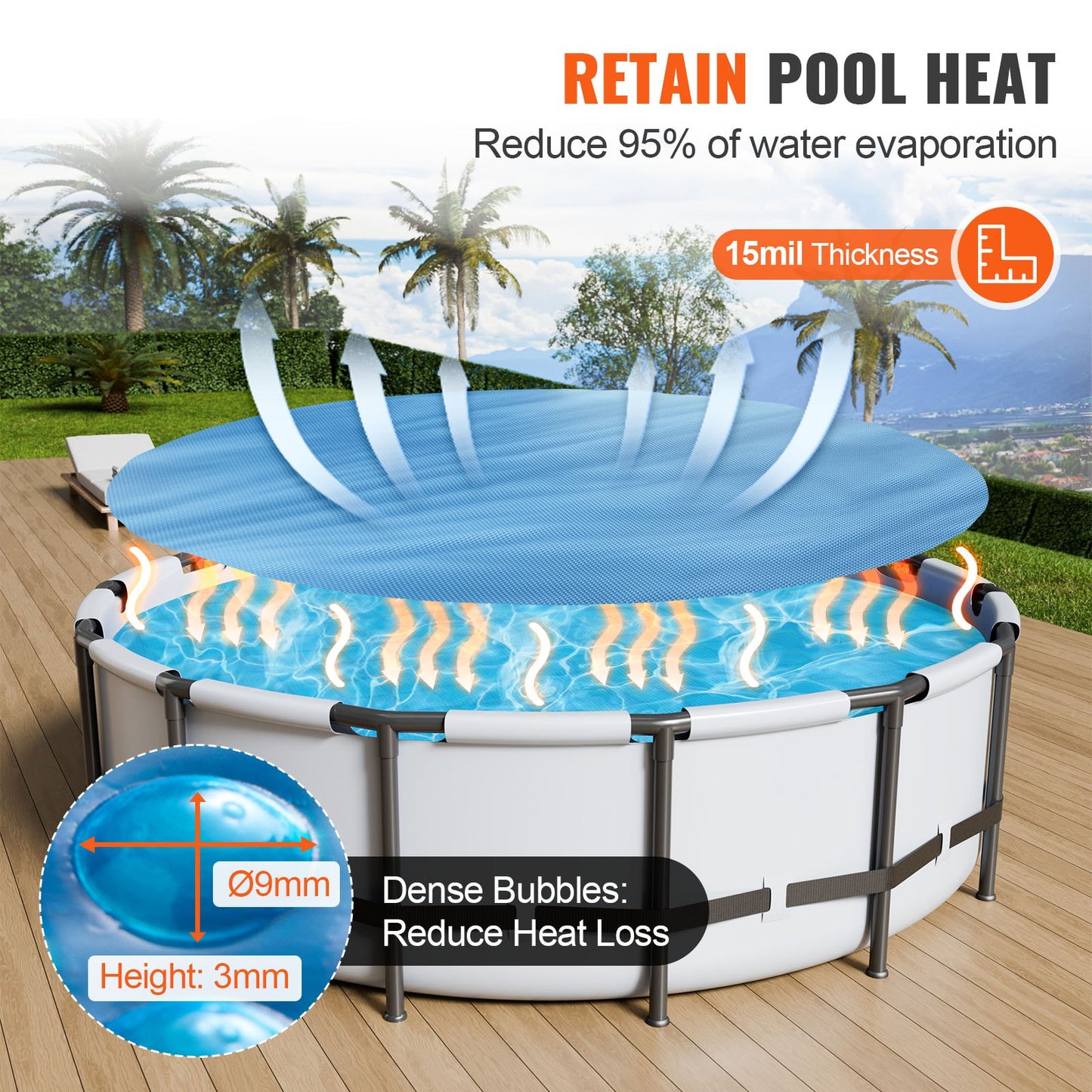 VEVOR Solar Pool Cover, Φ10 ft Round Solar Blanket for Pools, Inground Above Ground