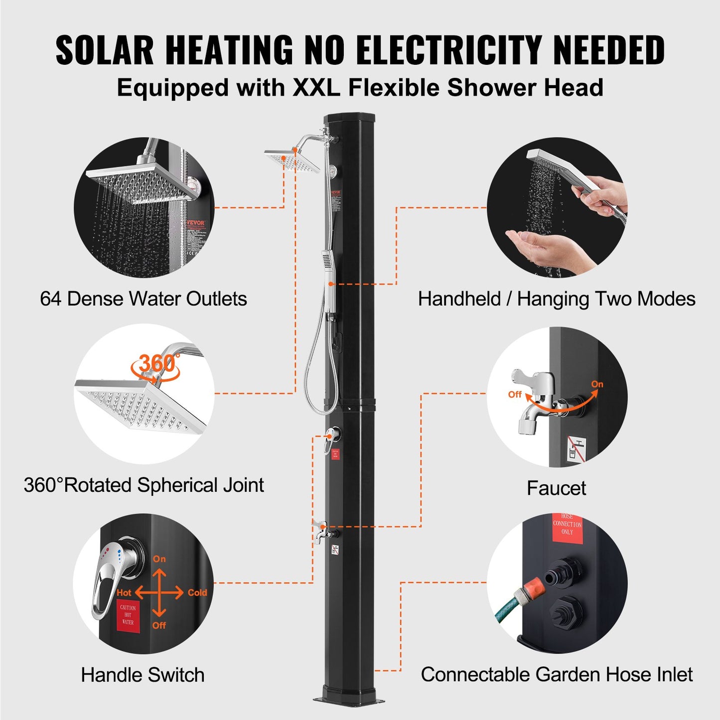 VEVOR Outdoor Solar Heated Shower, 40L Poolside Shower Kit with 2 Shower Head and
