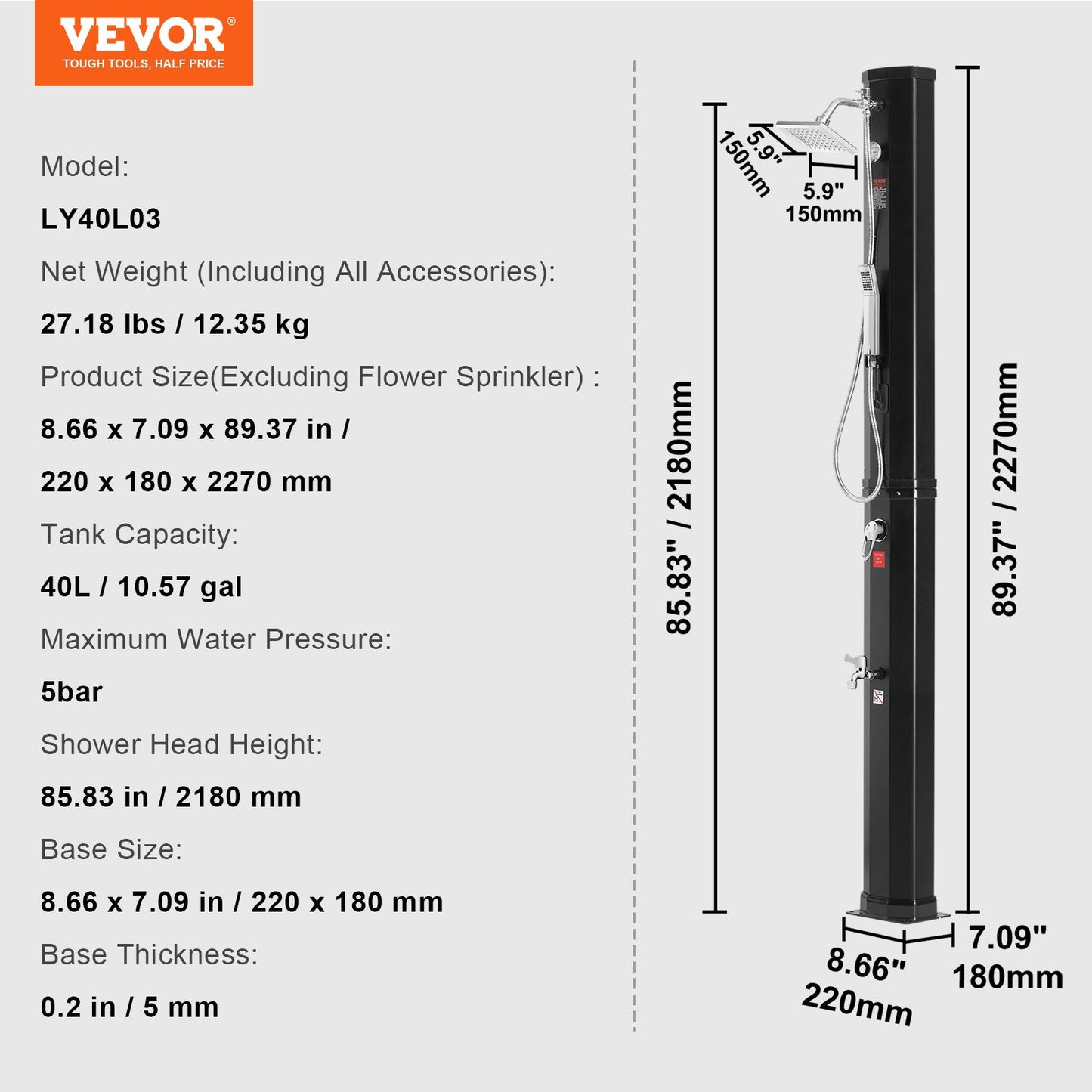 VEVOR Outdoor Solar Heated Shower, 40L Poolside Shower Kit with 2 Shower Head and