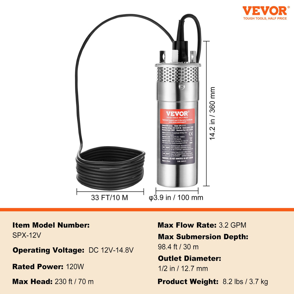 VEVOR Solar Water Pump, DC 120W Submersible Deep Well Pump, Max Flow 3.2 GPM, Max