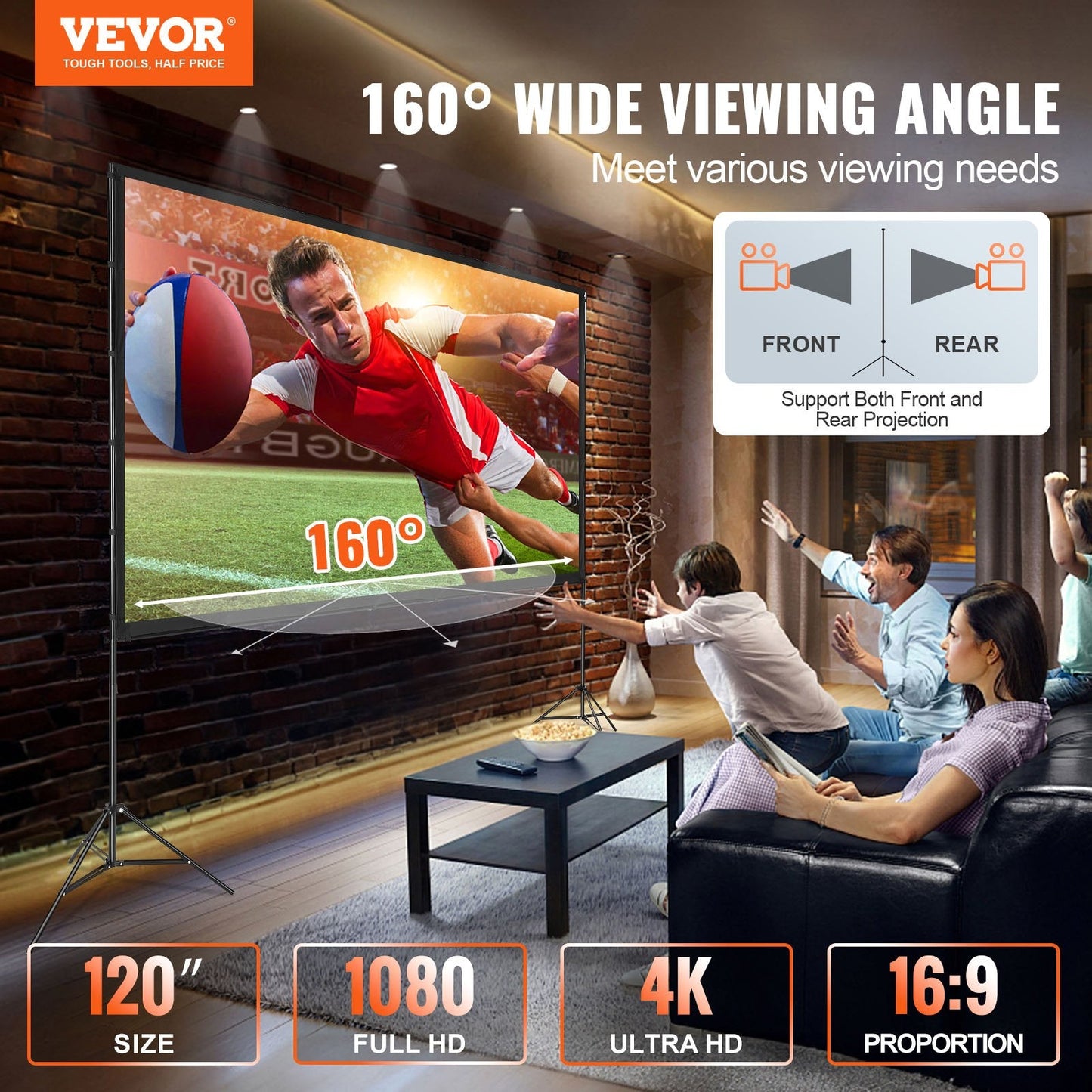 120-Inch 4K HD Outdoor Projector Screen with Stand for Home Theater