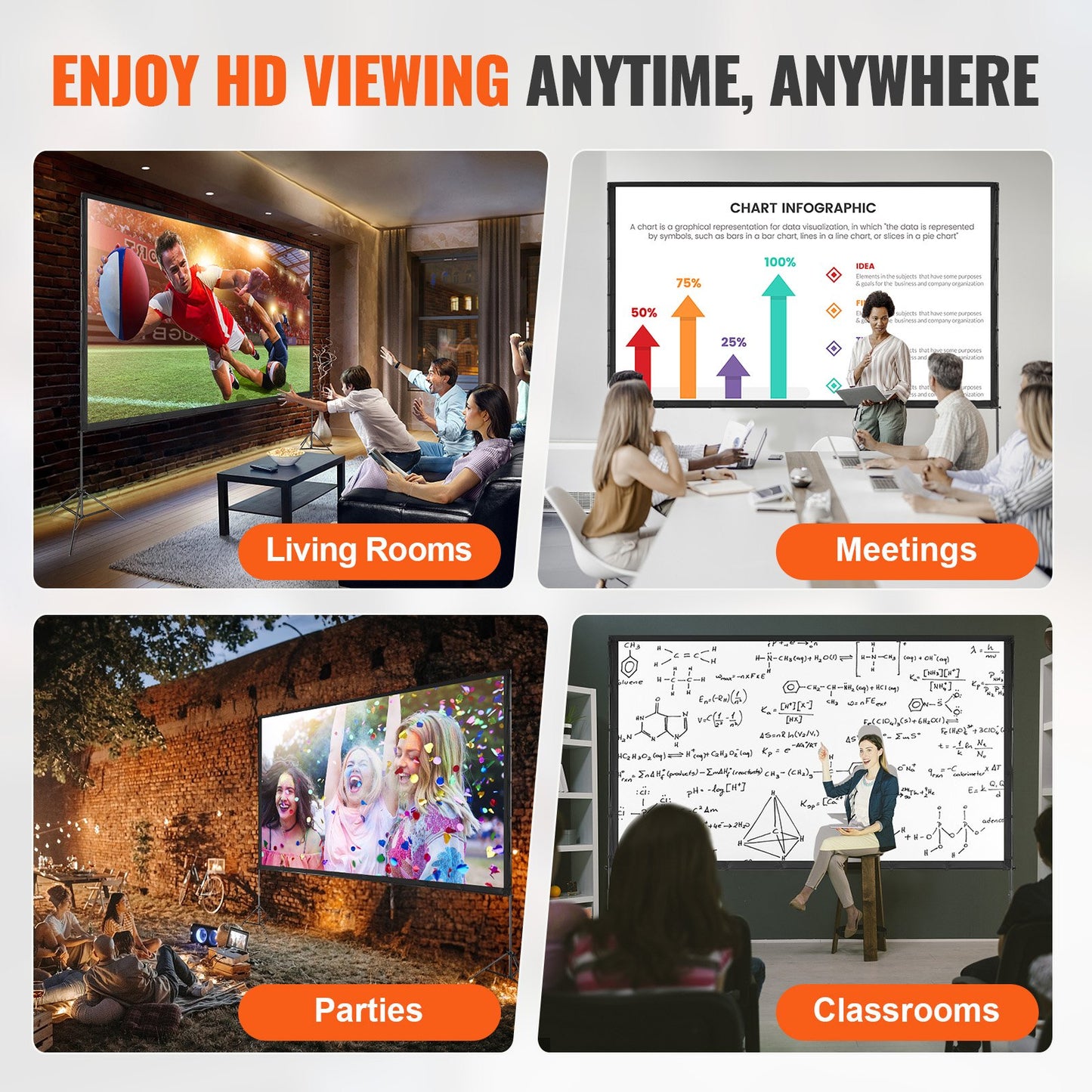 VEVOR Projector Screen with Stand, 150 inch 16:9 4K 1080 HD Outdoor Movie Screen