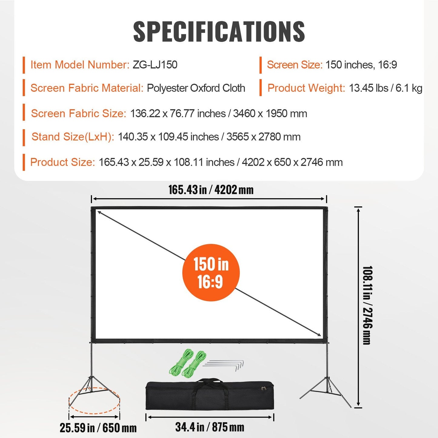 150-Inch 4K HD Outdoor Projector Screen with Stand, Wrinkle-Free & Portable