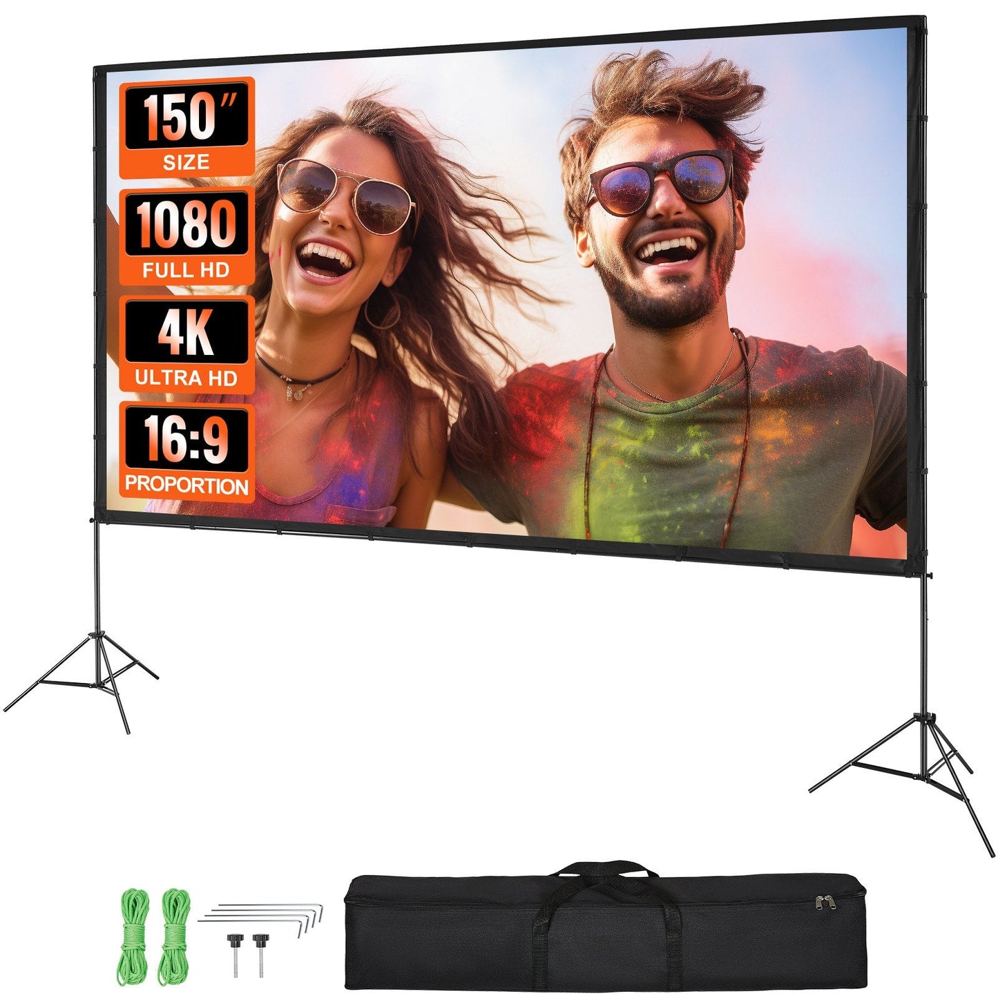 150-Inch 4K HD Outdoor Projector Screen with Stand, Wrinkle-Free & Portable