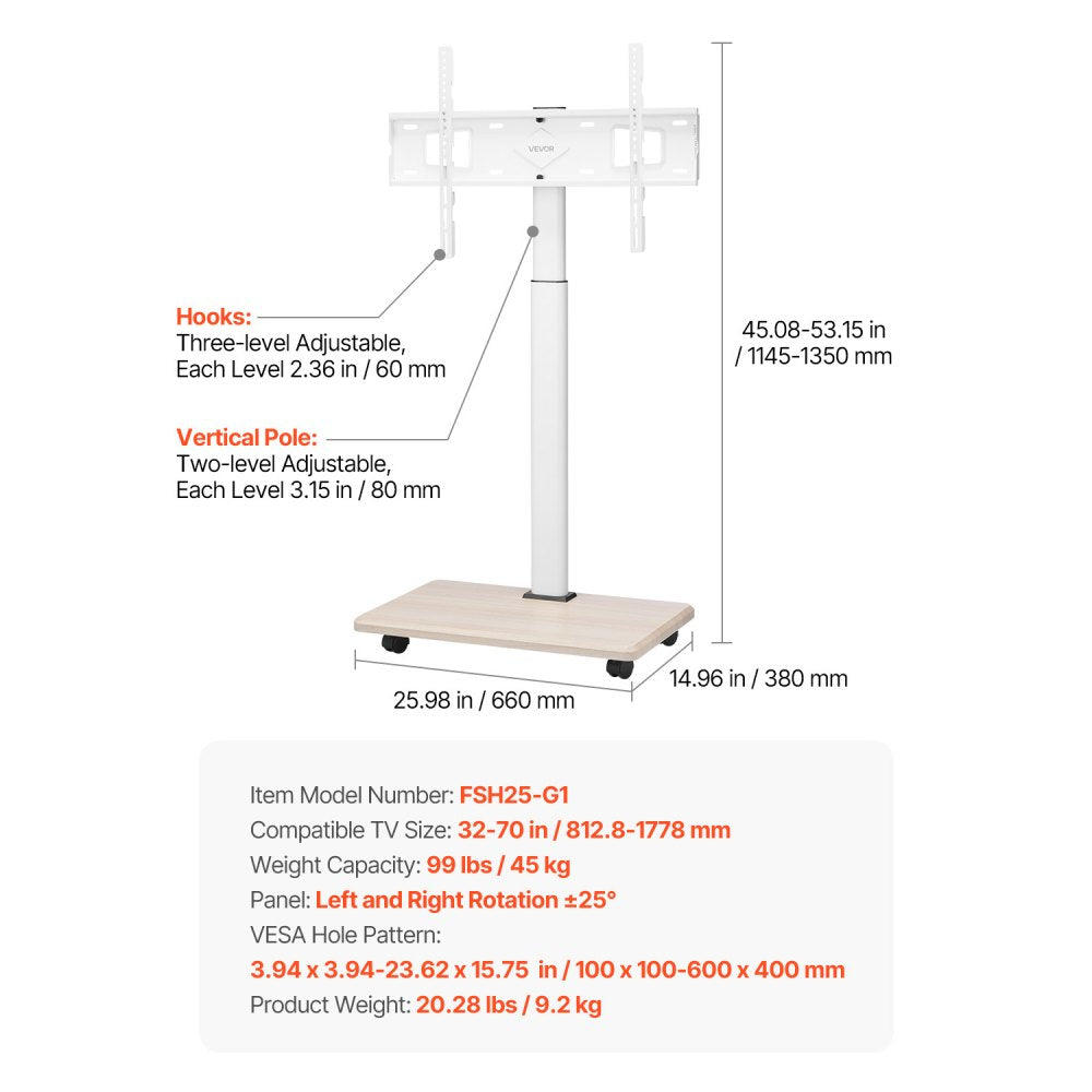 VEVOR Rolling TV Stand Mobile TV Cart Holds Up to 45 kg for 32-70 Inch Screens