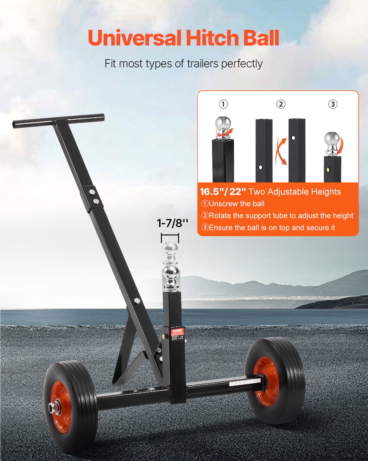 VEVOR 272kg Trailer Dolly 16.5 and 22 inAdjustable Height 1-7/8 in Ball Solid Tires 600lbs