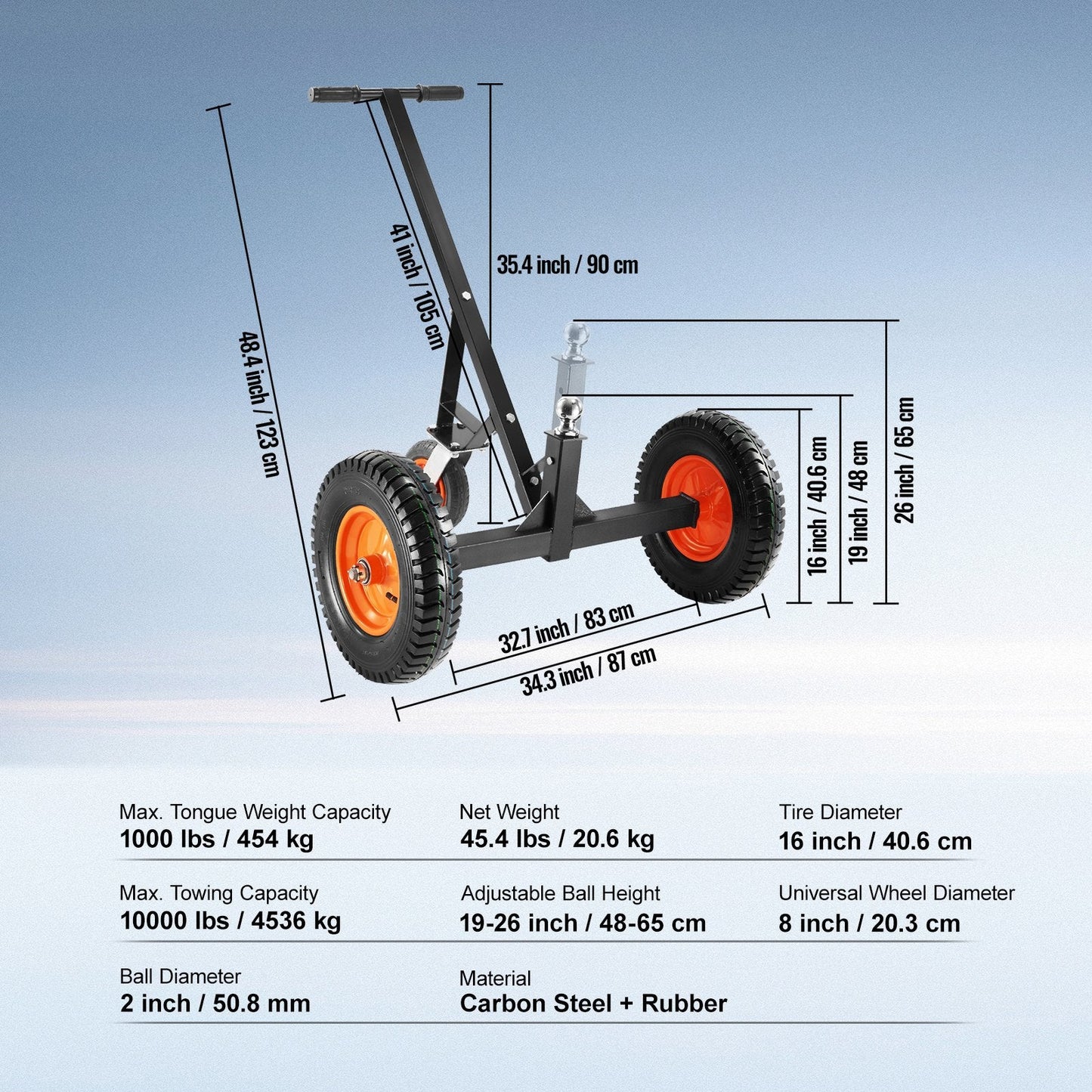 Adjustable Trailer Dolly, 454 kg Tongue Capacity, Carbon Steel with 2m Height Range