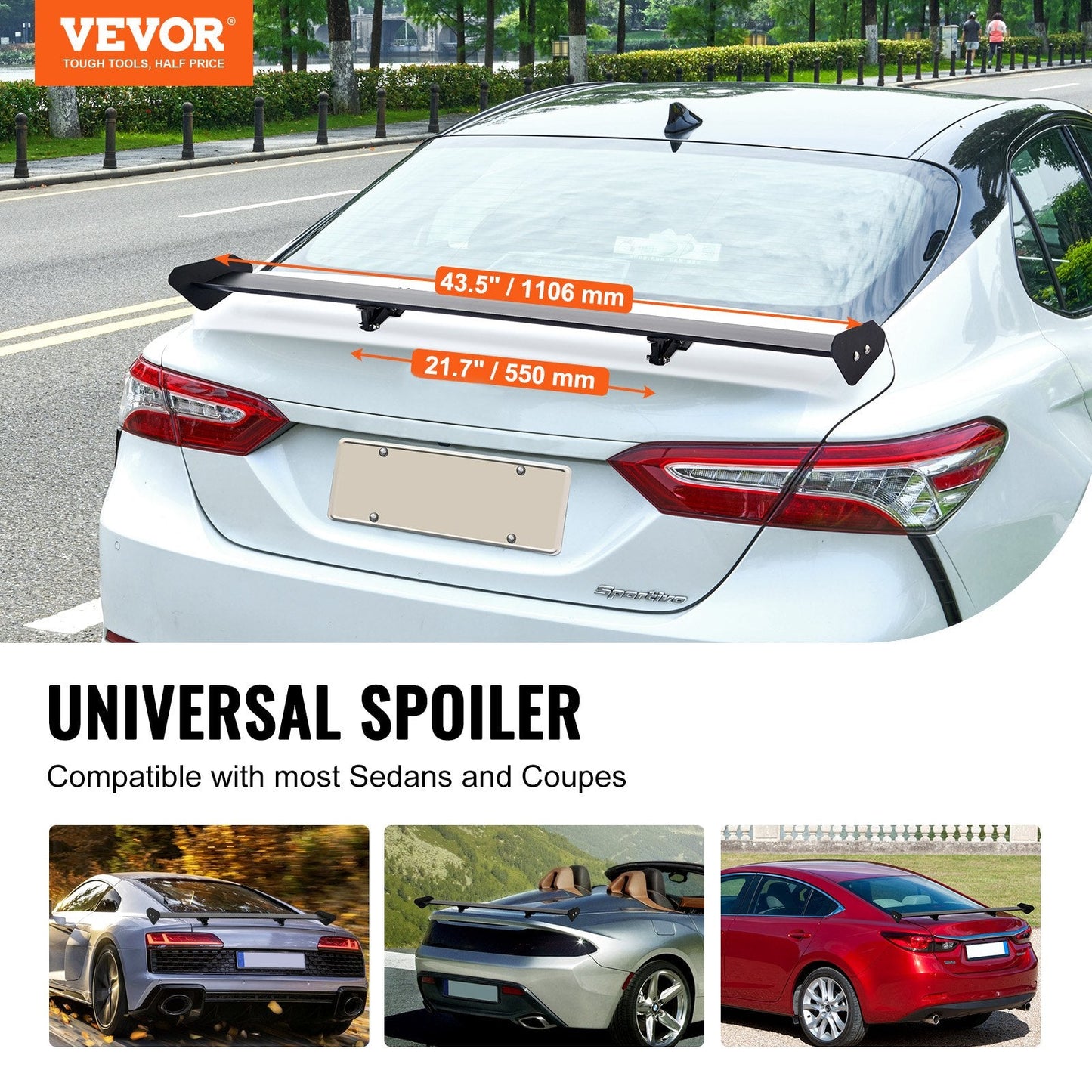 Universal GT Style Adjustable Rear Spoiler, 1.1m Matte Black Aluminum Wing