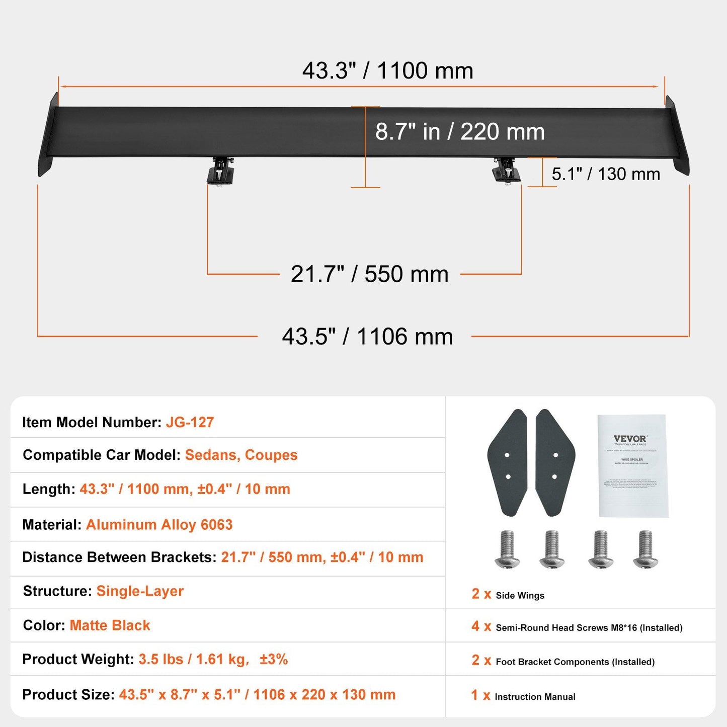 Universal GT Style Adjustable Rear Spoiler, 1.1m Matte Black Aluminum Wing