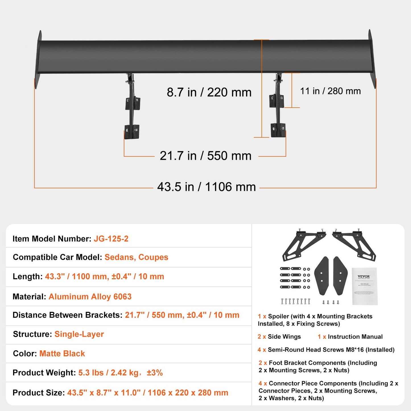 Universal 1.1m Matte Black Car Spoiler, Adjustable Aluminum Wing for Sedans & Coupes