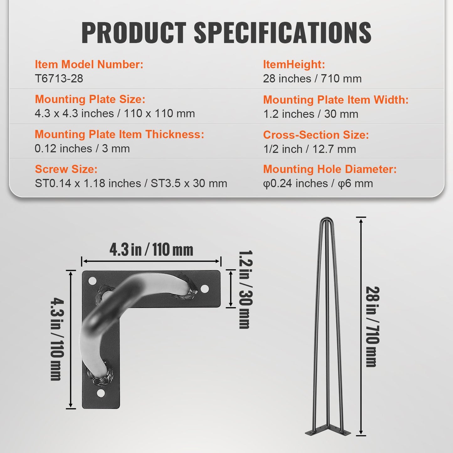 VEVOR Hairpin Table Legs 0.7M, Set of 4 Desk Legs 408.2KG Load Capacity, Hairpin