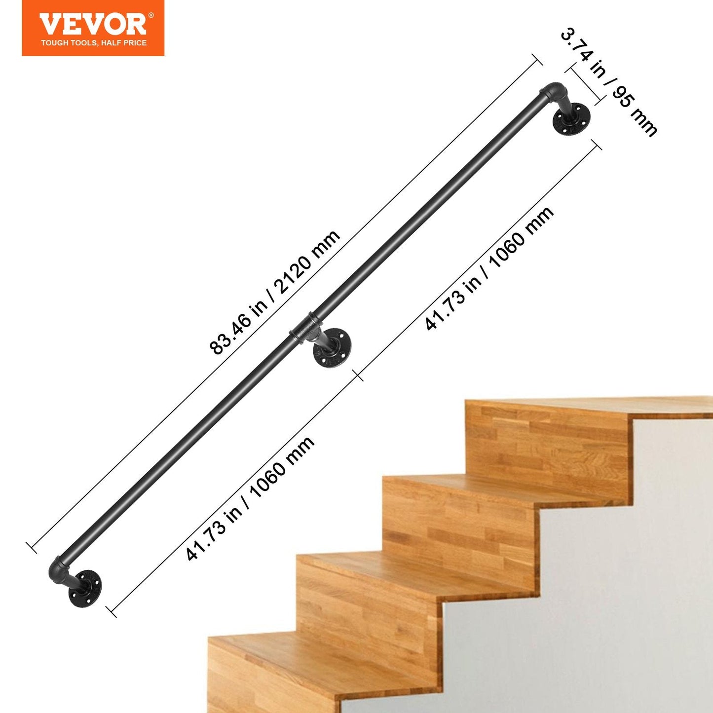 7FT Carbon Steel Stair Handrail, 200kg Capacity, Matte Black Finish