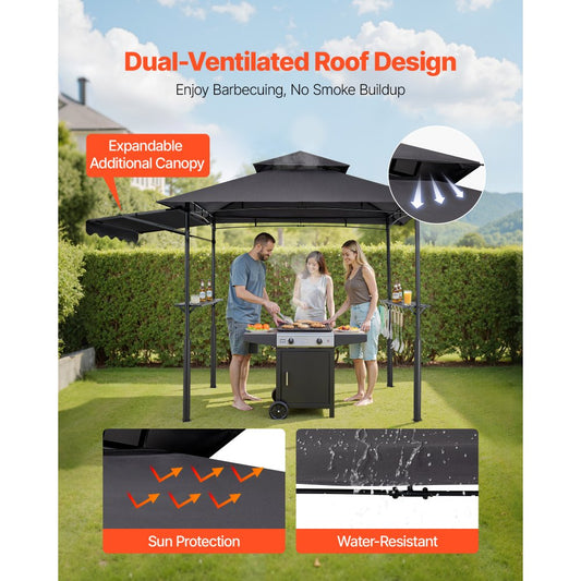 2.4x1.5 m Reinforced BBQ Grill Gazebo with Shelf & Awning Double Tier Top