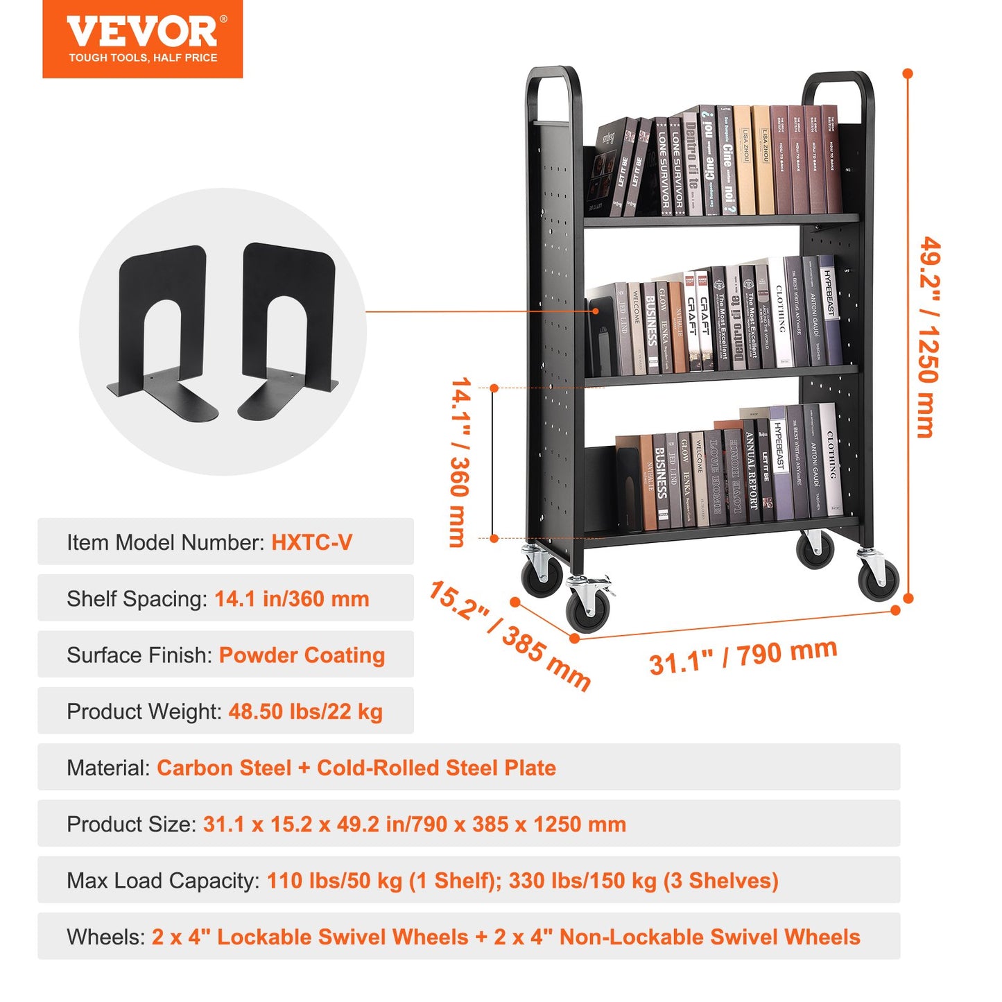 VEVOR Book Cart, 330 lbs Library Cart, 31.1" x 15.2" x 49.2" Rolling Book Cart,