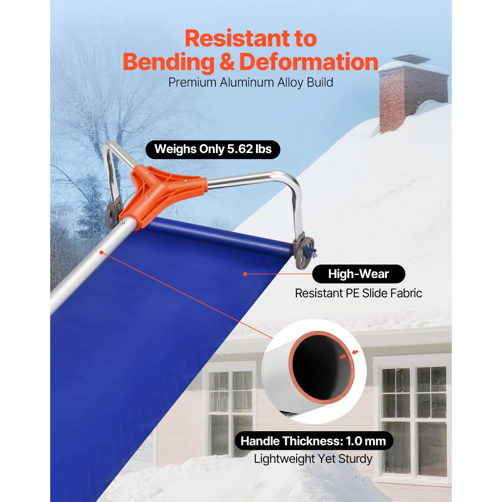 Snow Roof Rake, 27cm Aluminum Blade, 1.25-5.24 m Adjustable Roof Snow Scraper with Wheels & Slide, Lightweight Snows Removal Tool for House Rooftop Leaves Debris Clearing