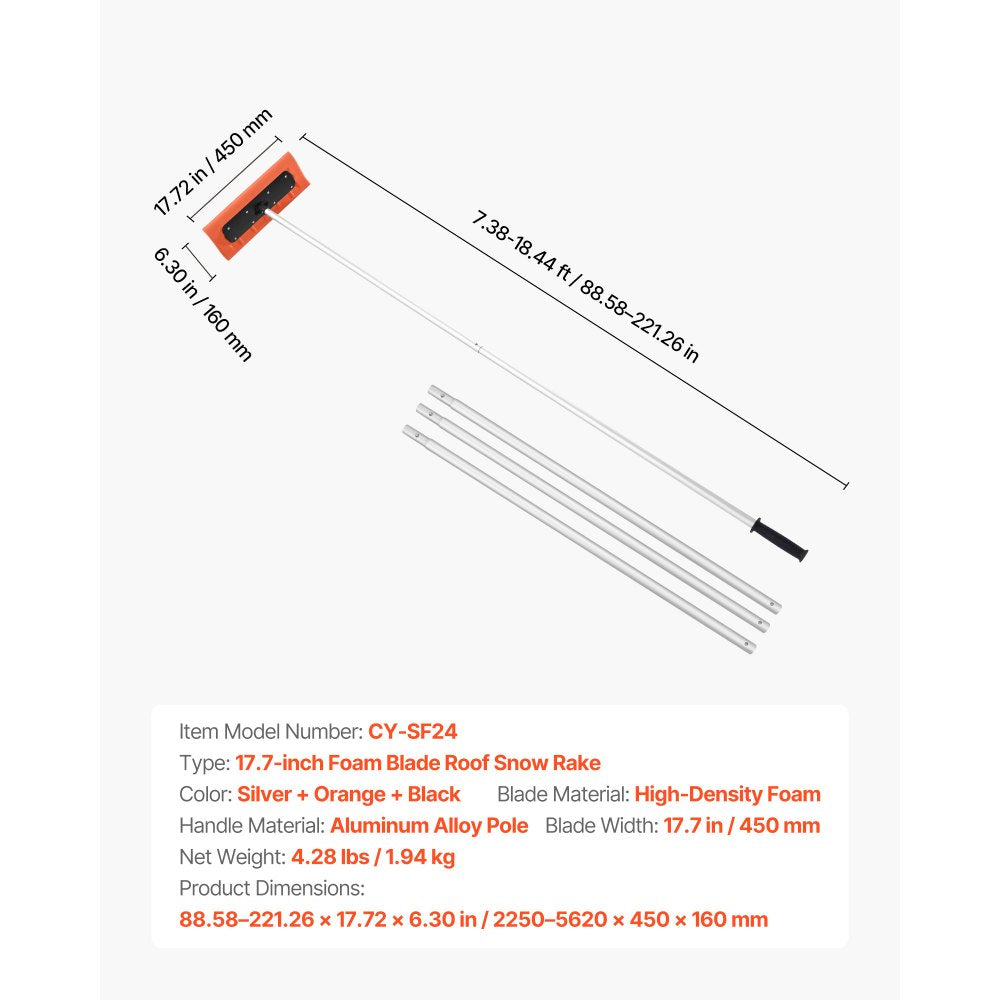 Snow Roof Rake, 45cm Foam Blade, 2.25-5.62 m Adjustable Roof Snow Scraper, Extension Tubes & Non-Slip Handle, Lightweight Snows Removal Tool for House Leaves Debris Clearing