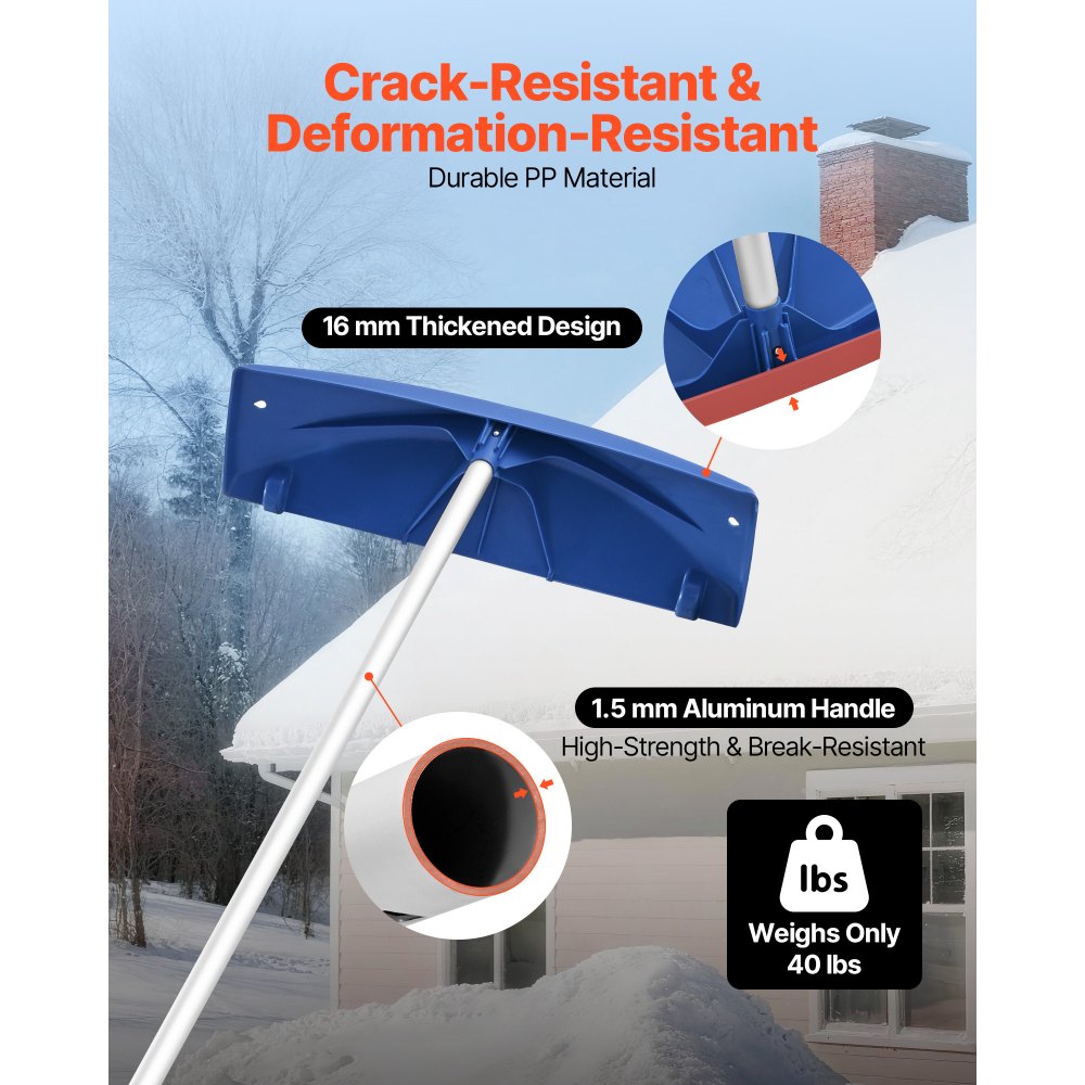 Snow Roof Rake, 60cm PP Plastic Blade, 1.18-5.55 m Adjustable Roof Snow Scraper with Wheels, Anti-Slip Handle Snows Removal Tool, Lightweight House Rooftop Rake for Leaves Debris Removal