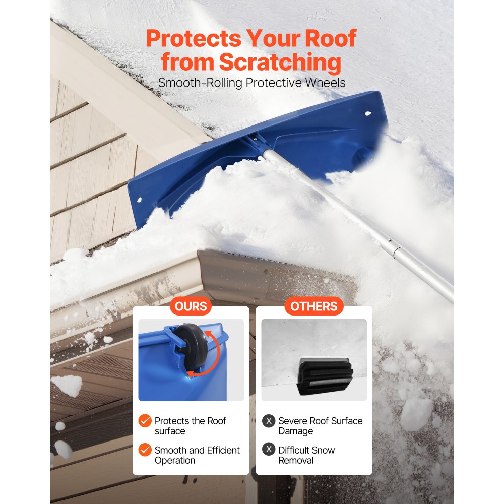 Snow Roof Rake, 60cm PP Plastic Blade, 1.18-5.55 m Adjustable Roof Snow Scraper with Wheels, Anti-Slip Handle Snows Removal Tool, Lightweight House Rooftop Rake for Leaves Debris Removal