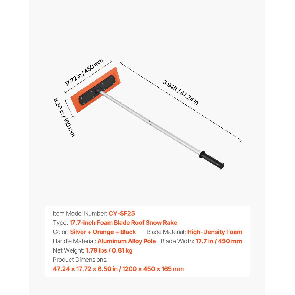 Snow Roof Rake, 1.2m Long Reach Car Roof Snow Scraper, 45cm Foam Blade for No Scratches, Non-Slip Handle, Lightweight Snows Removal Tool for Vehicle Garage Rooftop Leaves Debris Clearing
