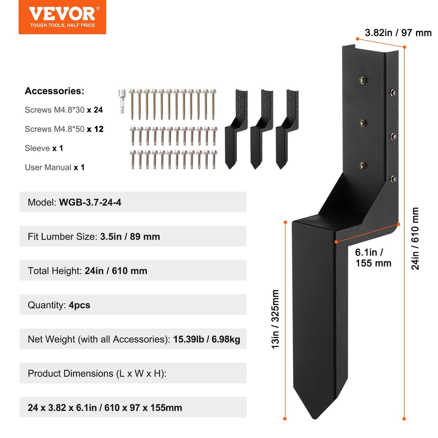Fence Post Anchor Repair Kit 4 Pack, Fits 89mm Posts, Easy Installation
