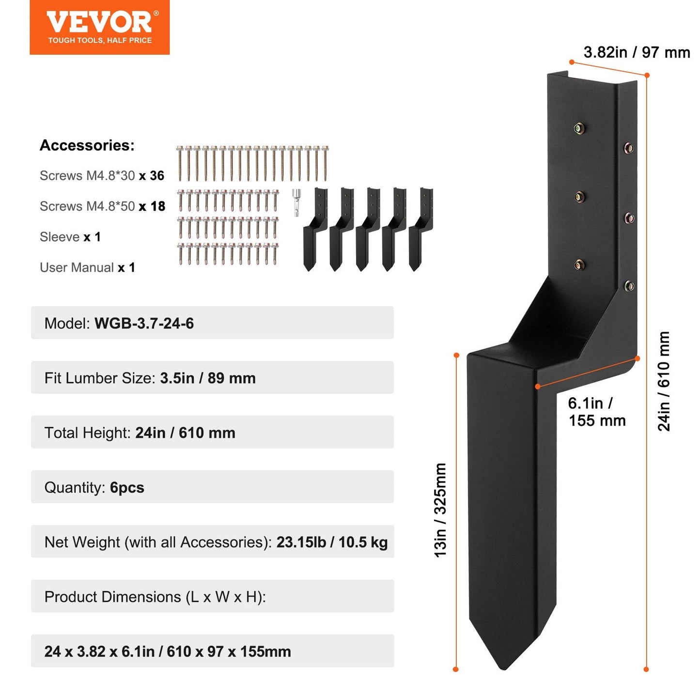 Fence Post Anchor Repair Kit 6-Pack, 89mm Support Stakes, Steel, 10.5 kg