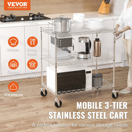 Industrial-strength rolling service trolley with adjustable wire shelves for organized storage
