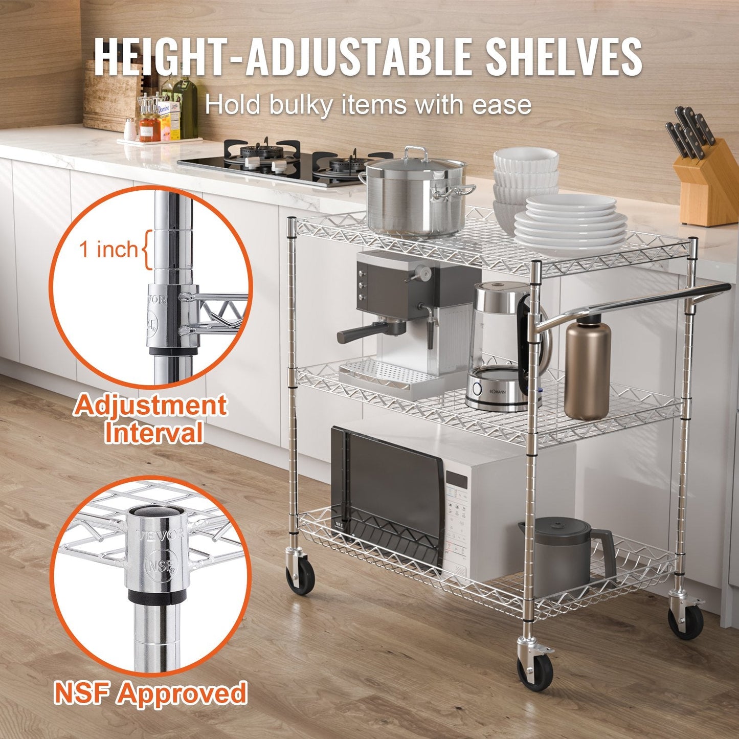 3-Tier Steel Utility Cart with Wheels, 300 kg Capacity, Indoor/Outdoor Use