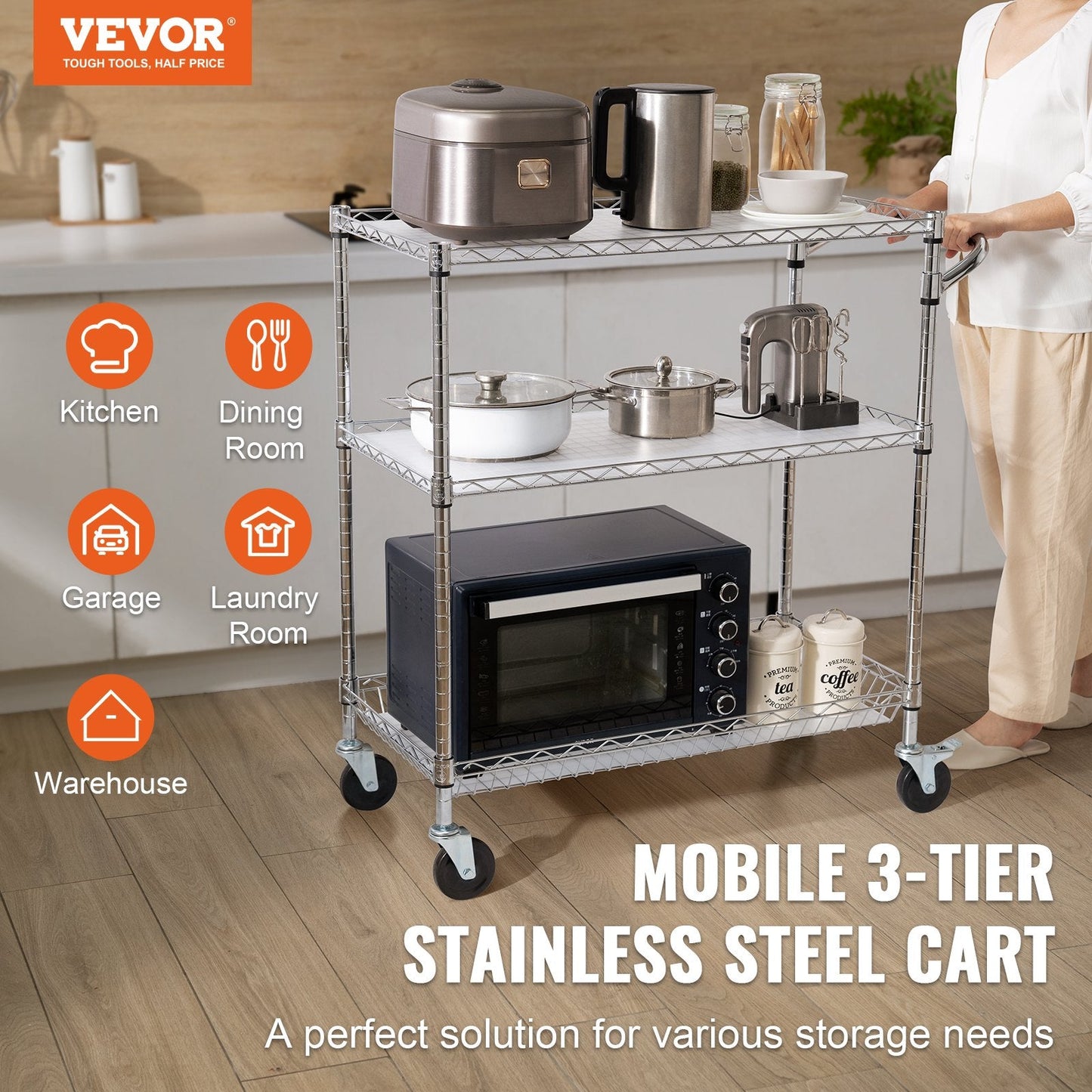 3-Tier Metal Rolling Utility Cart with Wheels, 300 kg Capacity, 0.9 x 0.45 x 0.9 m