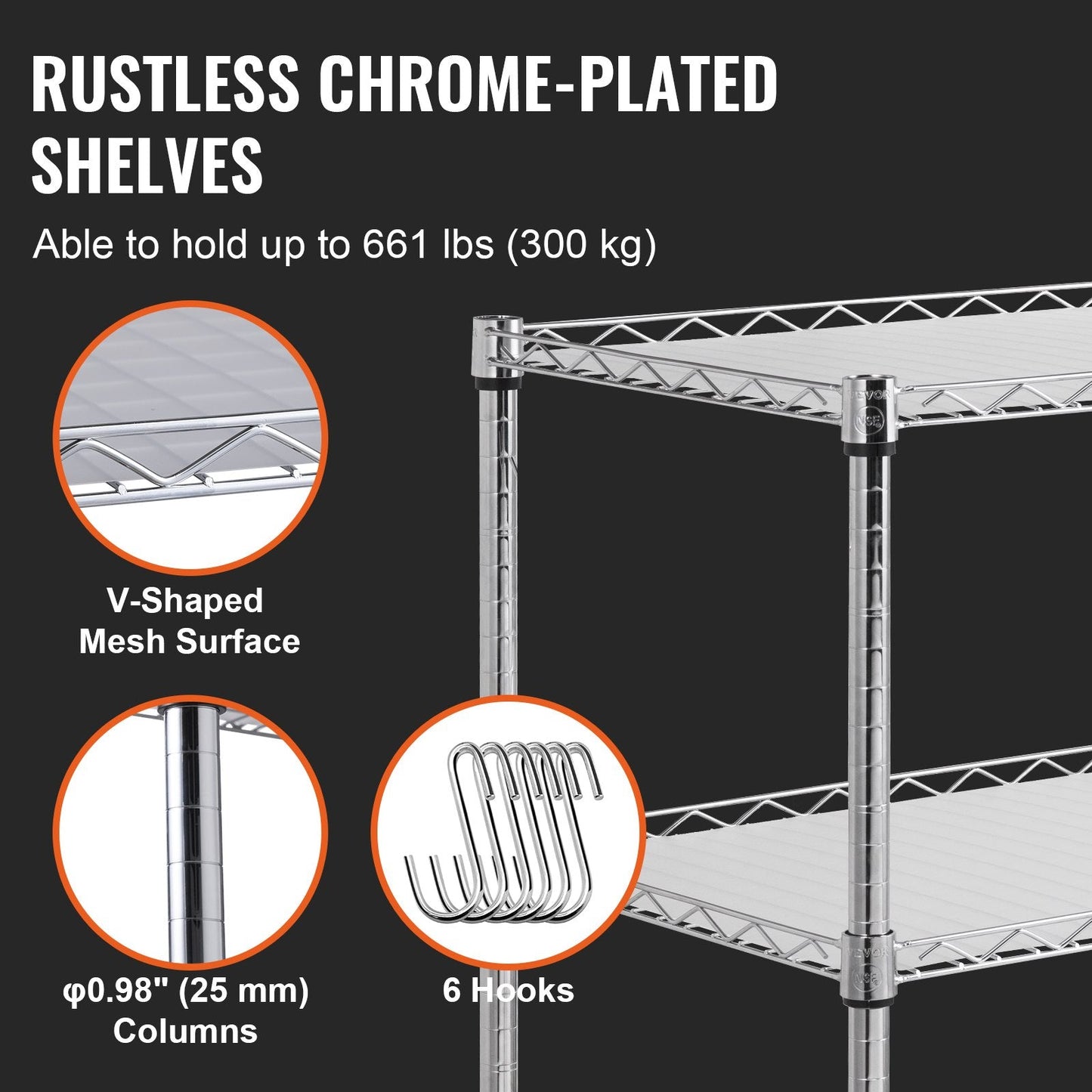 3-Tier Metal Rolling Utility Cart with Wheels, 300 kg Capacity, 0.9 x 0.45 x 0.9 m