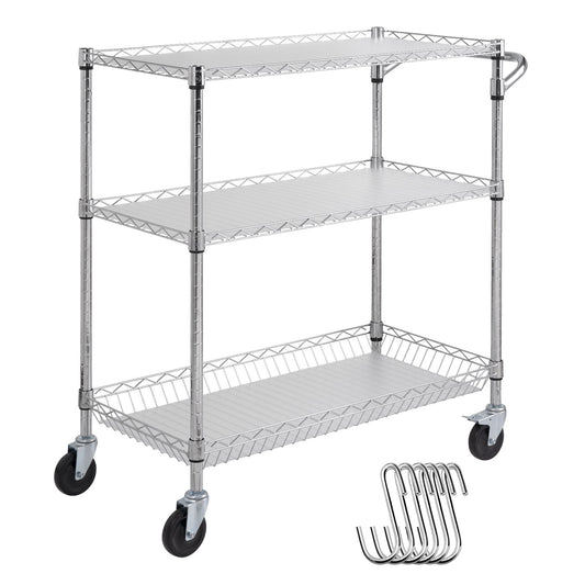 VEVOR Kitchen Utility Cart, 3 Tiers, Wire Rolling Cart, Steel Service Cart on Wheels,