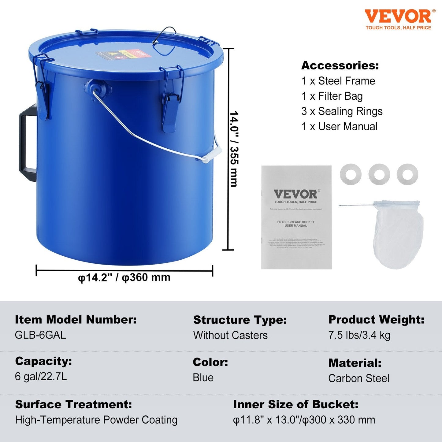 Grease Disposal Caddy 22.7L with Lid & Filter for Hot Oil, Carbon Steel, Blue