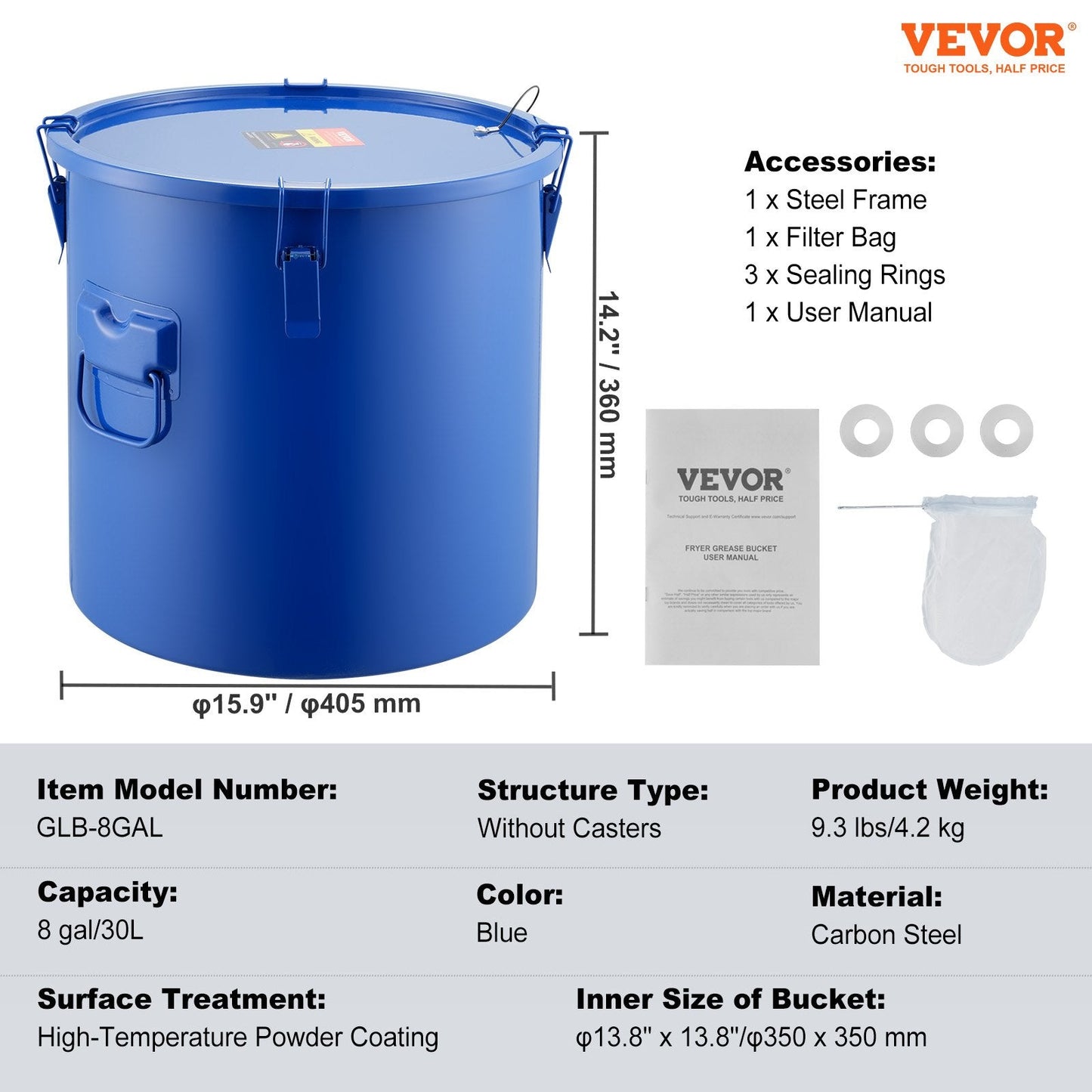 30L Oil Disposal Caddy, Carbon Steel with Filter Bag and Locking Lid, Blue