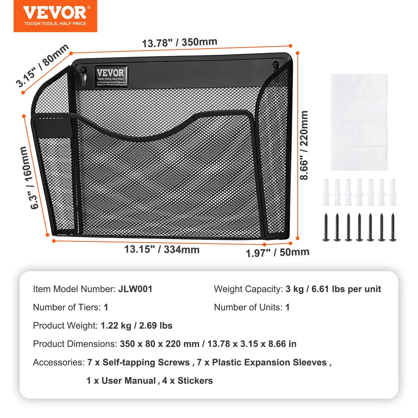 VEVOR File Wall Rack Mesh Wall File Holder 3-Piece 1 Pocket for Office & School