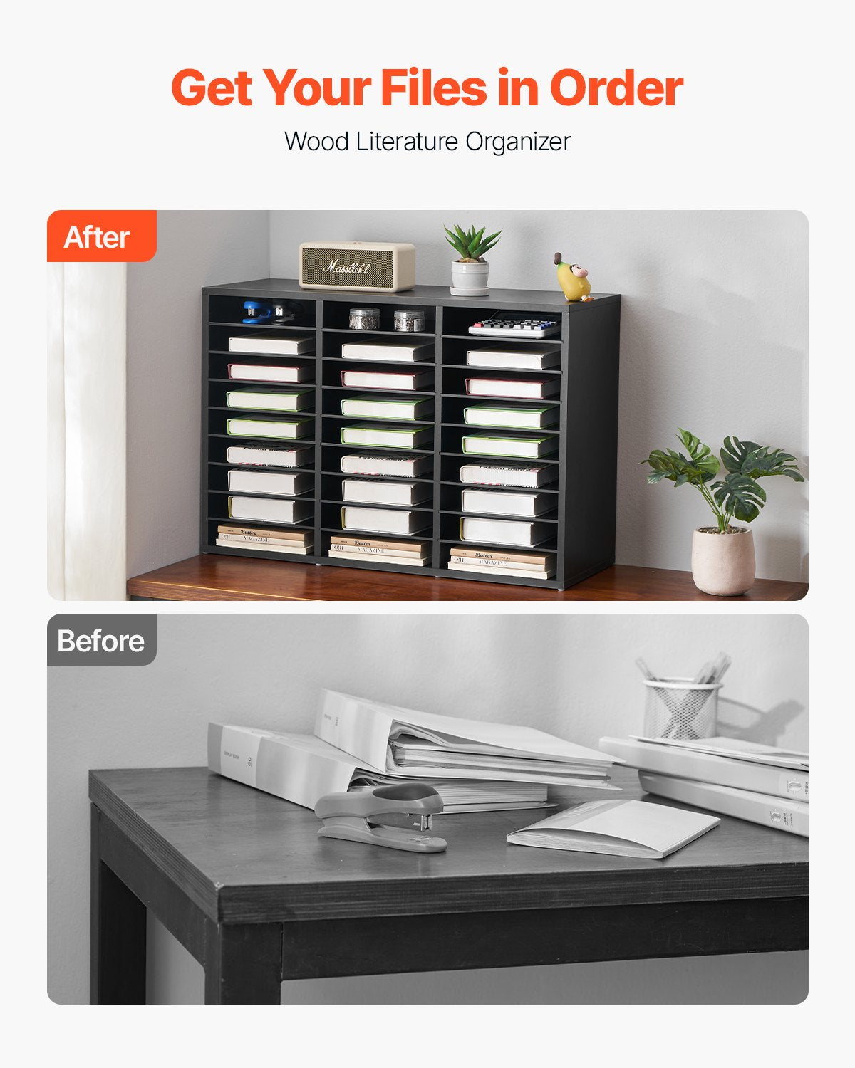 VEVOR Wooden Literature Organizer 27 Compartments with Removable Shelves Black