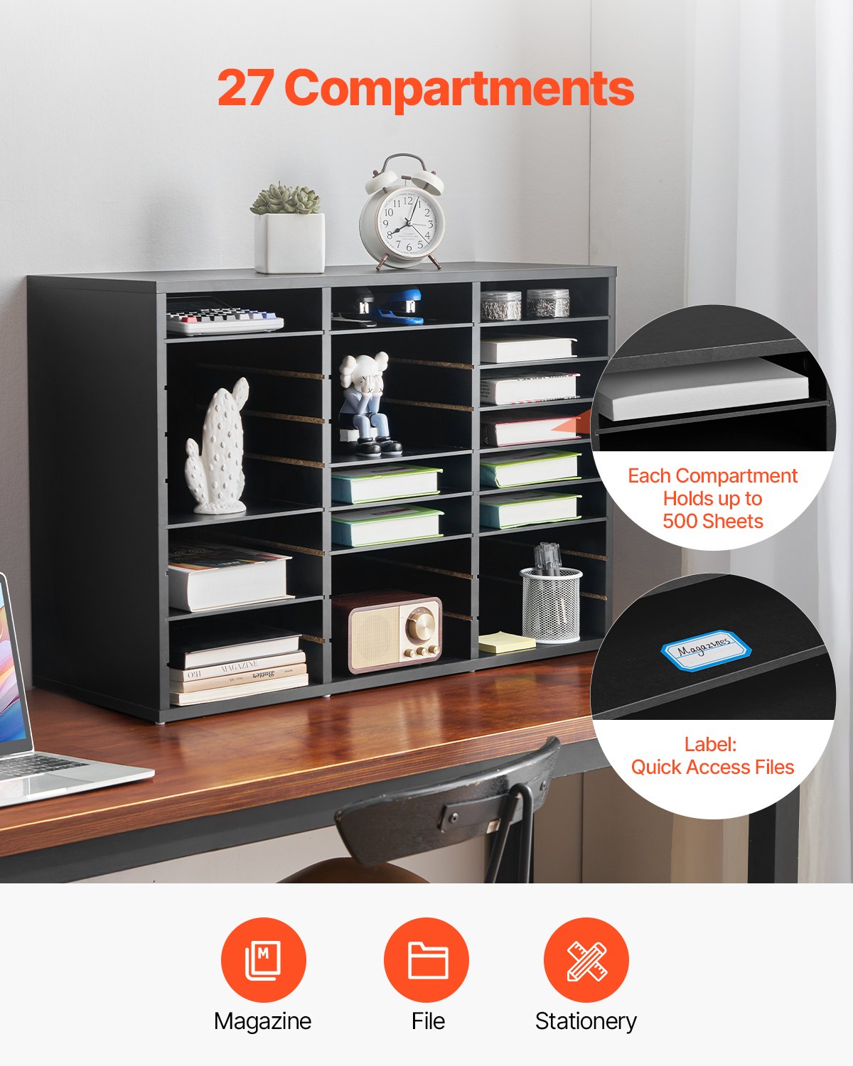 VEVOR Wooden Literature Organizer 27 Compartments with Removable Shelves Black