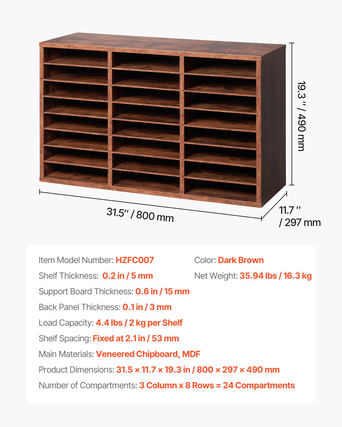 VEVOR Wooden Literature Organizer 24 Compartments Removable Shelves Dark Brown