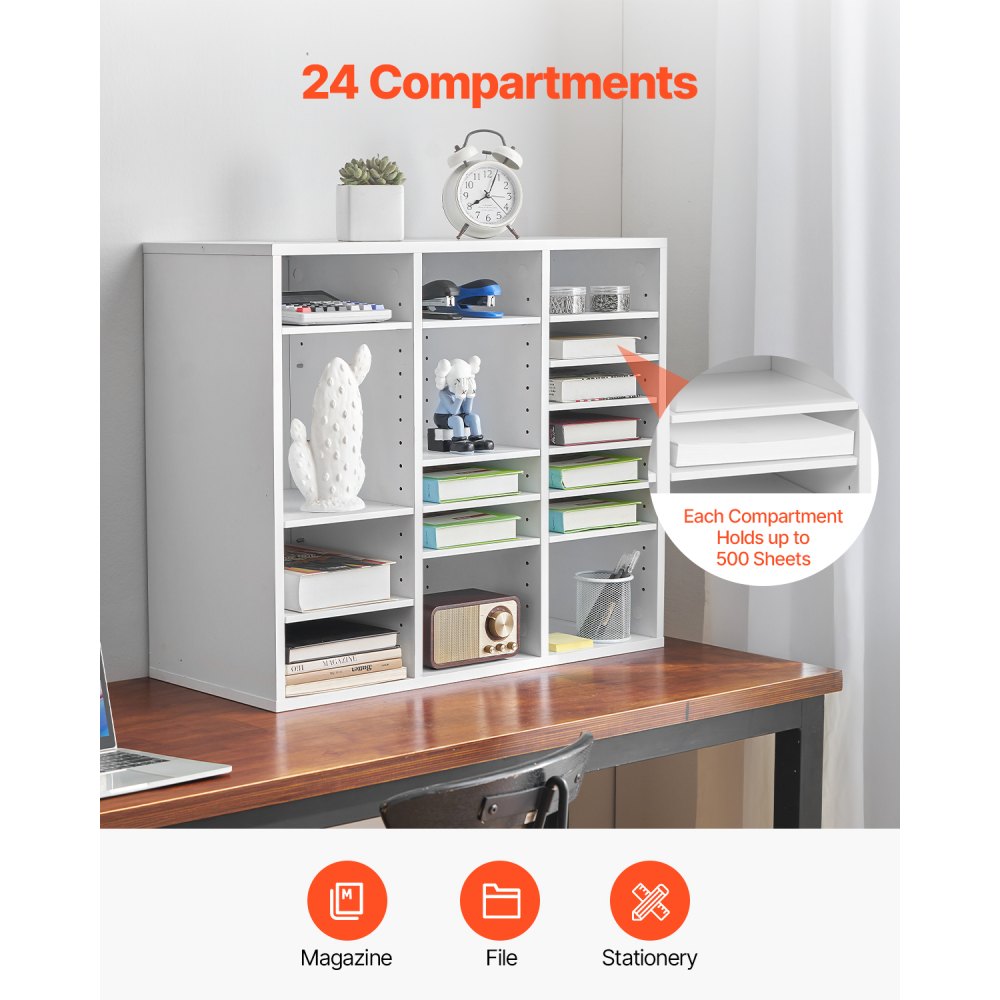 VEVOR Wooden Literature Organizer 24 Compartments with Adjustable Shelves White