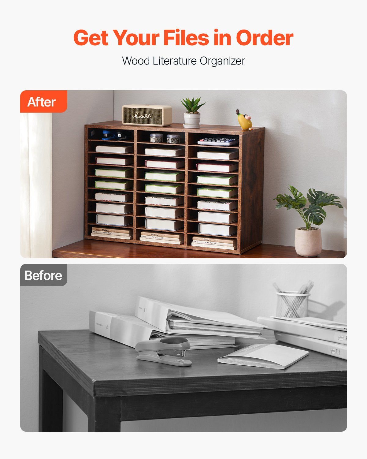 VEVOR Wooden Literature Organizer 27 Compartments Removable Shelves Dark Brown