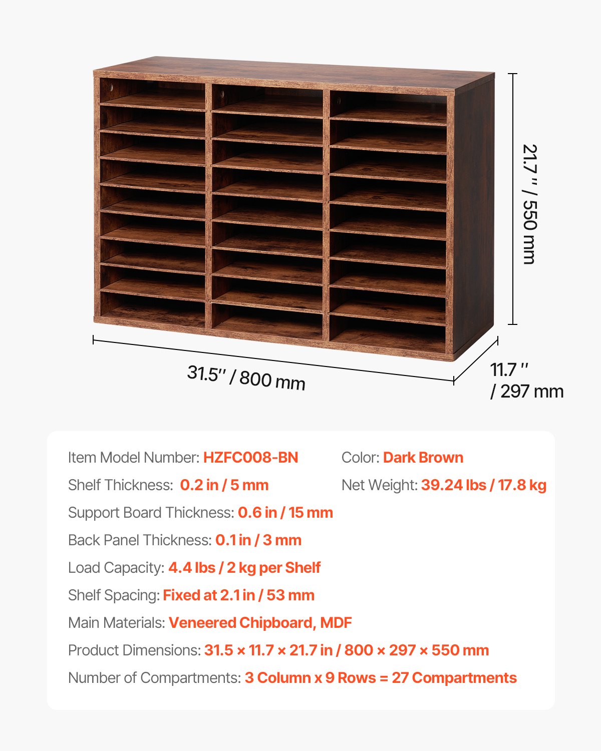 VEVOR Wooden Literature Organizer 27 Compartments Removable Shelves Dark Brown