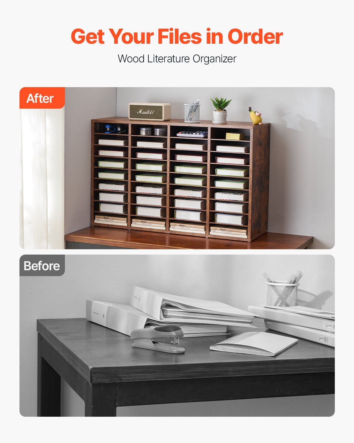 VEVOR Wood Literature Organizer 36 Compartments Removable Shelves Dark Brown