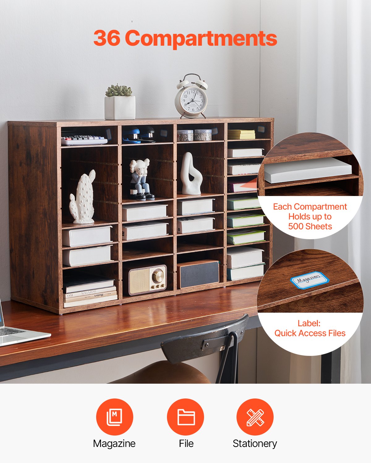 VEVOR Wood Literature Organizer 36 Compartments Removable Shelves Dark Brown