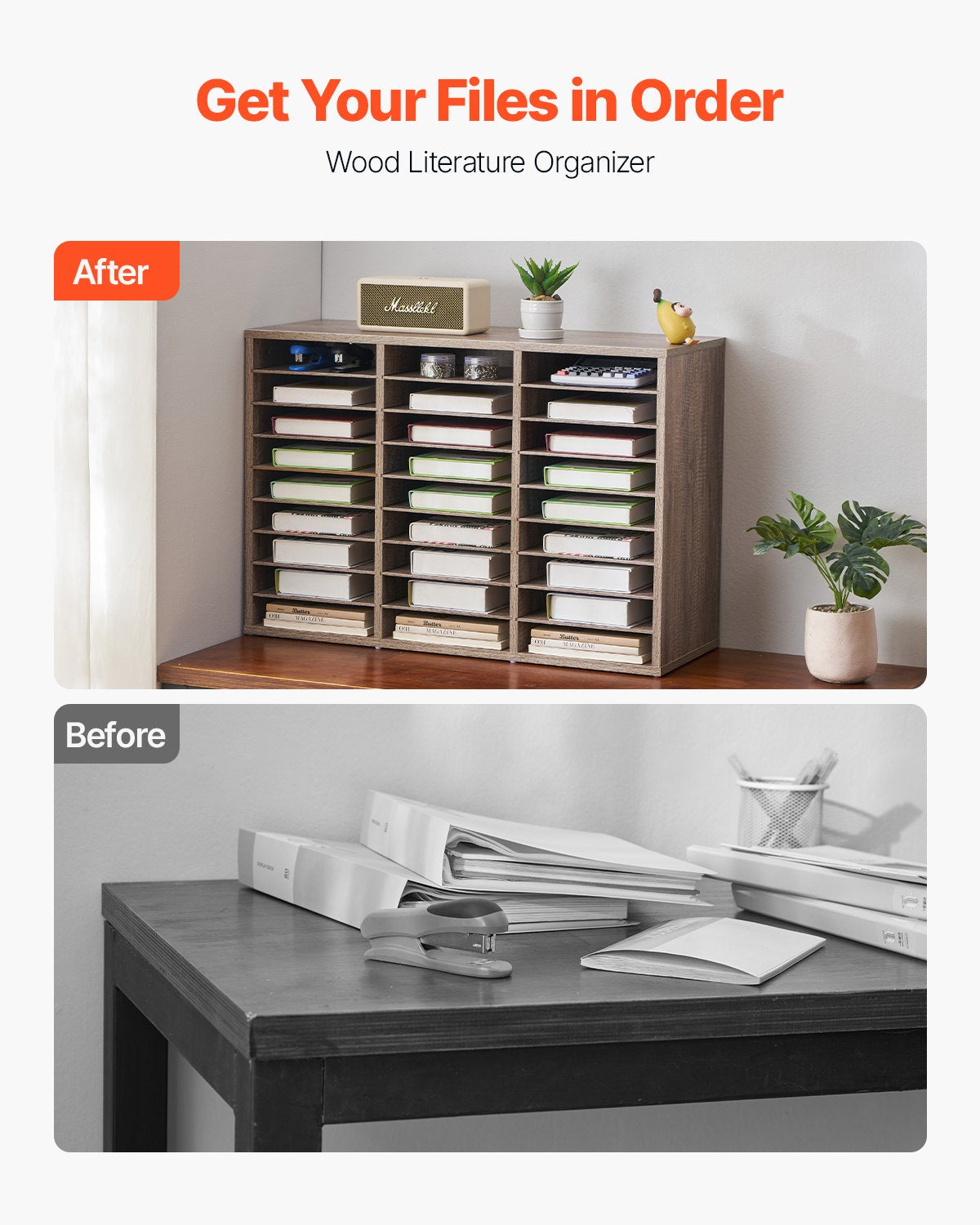 VEVOR Wooden Literature Organizer 27 Compartments Removable Shelves Black-Grey