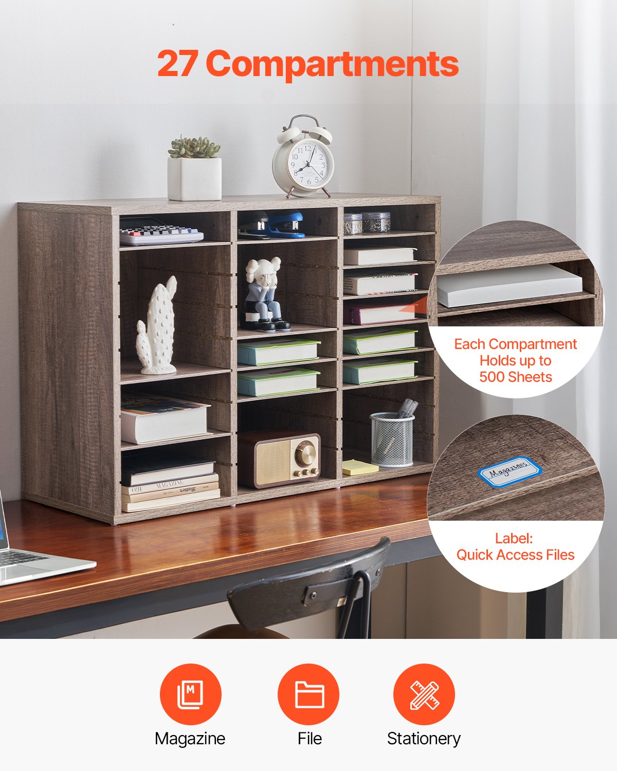 VEVOR Wooden Literature Organizer 27 Compartments Removable Shelves Black-Grey