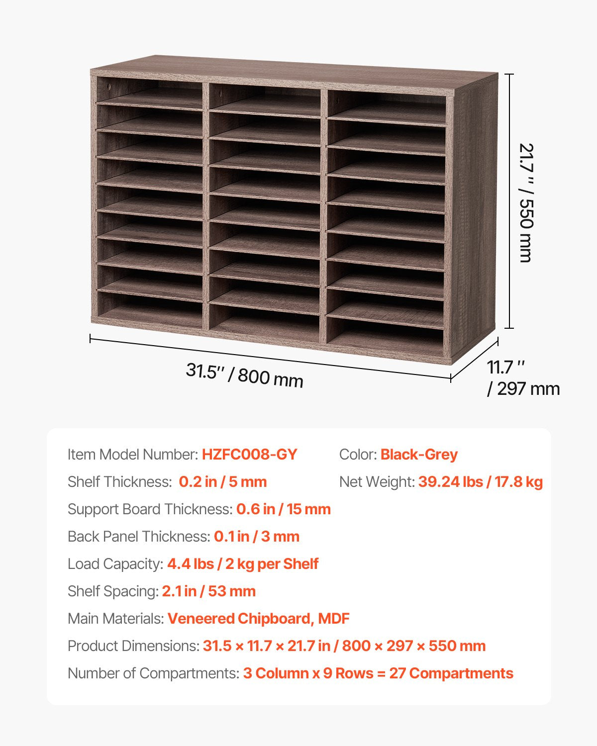 VEVOR Wooden Literature Organizer 27 Compartments Removable Shelves Black-Grey