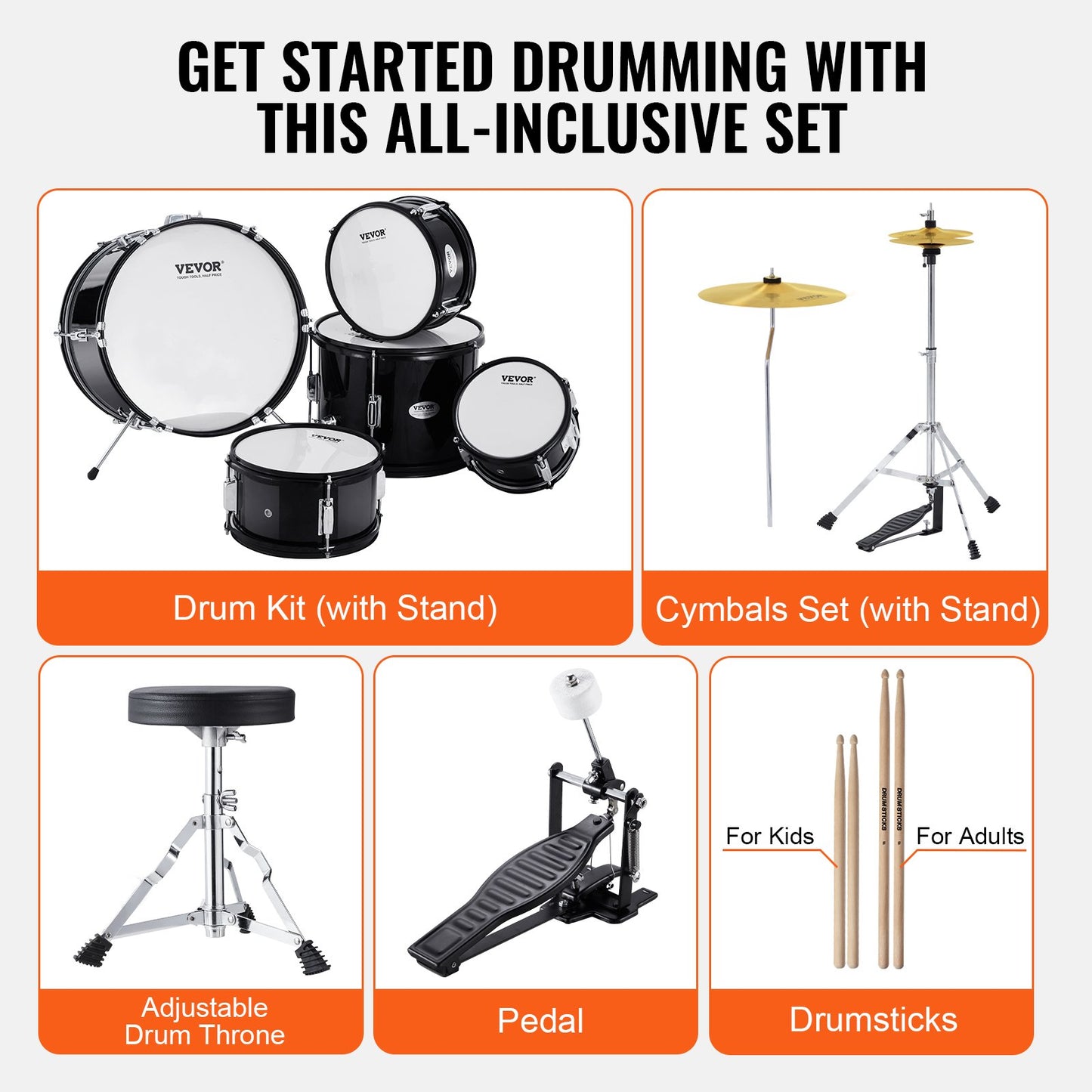 VEVOR Kids Drum Set, 5-Piece, 406.4 mm Beginner Full Drum Set with Bass Toms Snare