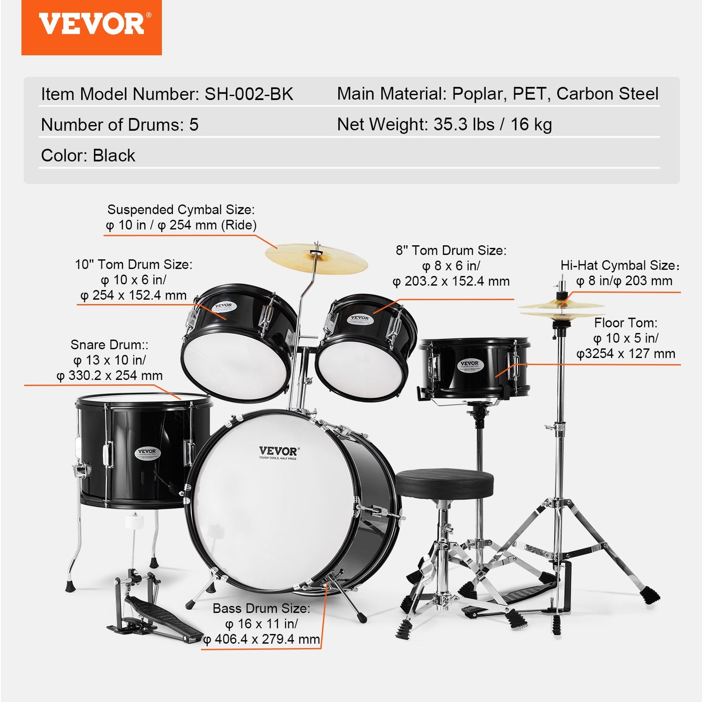 VEVOR Kids Drum Set, 5-Piece, 406.4 mm Beginner Full Drum Set with Bass Toms Snare