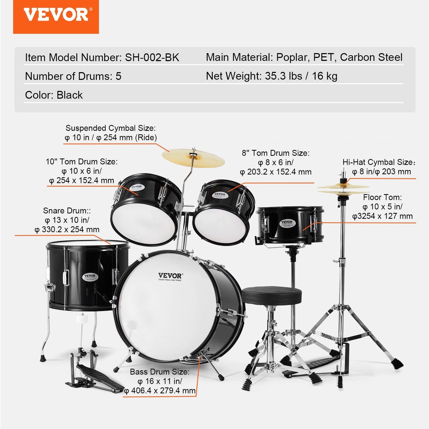 5-Piece Beginner Drum Kit for Kids, 0.4m with Bass, Toms, Snare & Accessories