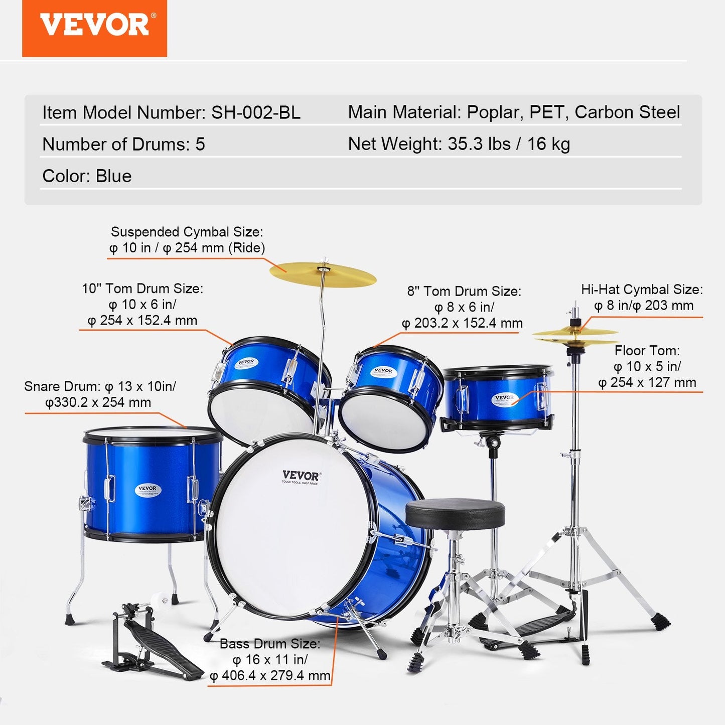 5-Piece Kids Drum Kit with Adjustable Throne and Cymbals - Blue