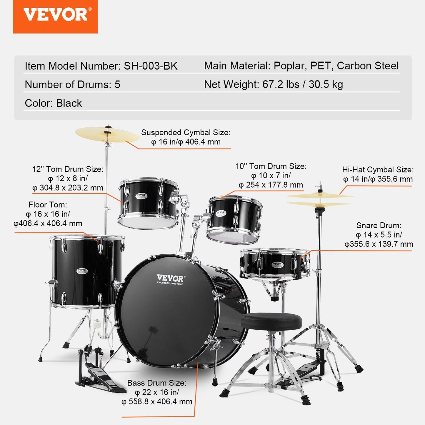 5-Piece Adult Drum Kit with Bass Toms, Snare, Cymbals & Adjustable Throne
